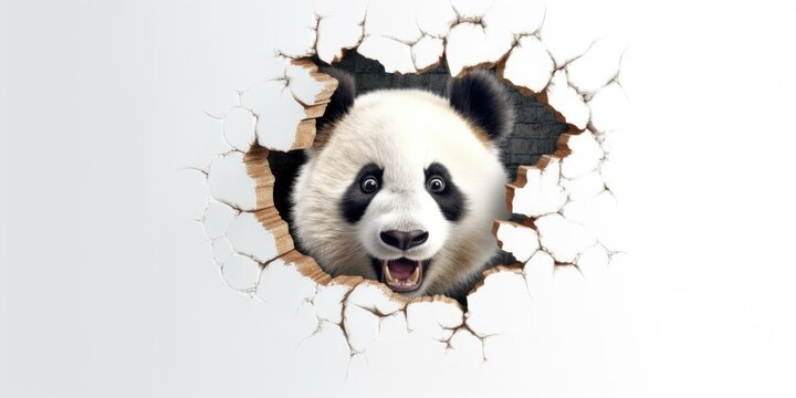Cute Panda peeking out of a hole in wall, torn hole, empty copy space frame, mockup. Generative AI image weber.