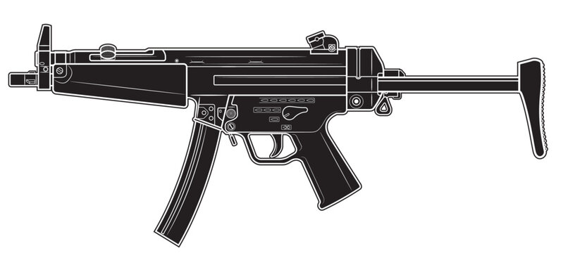 Vector illustration of the MP5 machine gun with unfolded stock on the white background. Black. Left side.