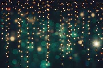Obraz na płótnie Canvas Enchanting Festive Radiance: Golden Bokeh on Green Canvas. Immerse in the holiday magic as golden bokeh lights dance on a lush green backdrop.