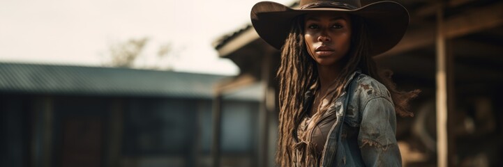 A Beautiful Badass African Cowgirl - Amazing Black Cowgirl Background - Clothes are in the Raw, Tough and Grunge Style - African Cowgirl Wallpaper created with Generative AI Technology