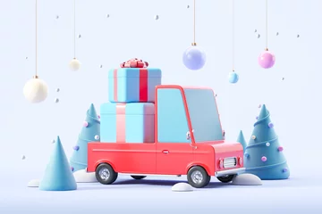 Fototapeten Red car with gifts. Snow, New Year 2024, Christmas tree decorations. Winter and holiday concept. 3d rendering. © katestudio