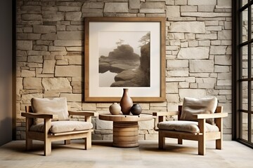 Two wooden rustic armchairs with beige cushions against stone cladding wall with big poster frame. Country home interior design of modern living room, Generative AI