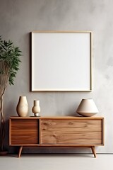 Wooden cabinet, dresser against concrete wall with empty blank mock up poster frame with copy space. Loft home interior design of modern living room, Generative AI