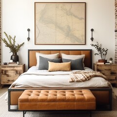 Vintage leather bench near rustic bed. Industrial interior design of modern bedroom, Generative AI
