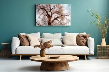 Rustic round coffee table near white sofa against turquoise wall. Scandinavian home interior design of modern living room, Generative AI
