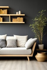 White loveseat sofa against window near dark grey wall with shelving unit. Scandinavian home interior design of modern living room, Generative AI