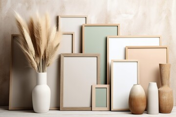Many different wooden frames with blank canvas leaning against wall and vase with pampas grass, Generative AI