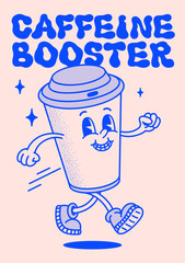 Retro style Funny cartoon coffee cup poster. Groovy vintage 70s coffee paper cup character and caffeine booster text. Ideal for stickers, poster designs, and vintage themed prints and projects.