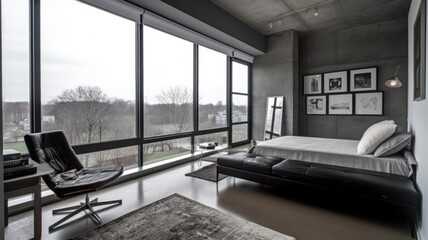 Bedroom decor, home interior design . Modern Industrial style with Large Floor-to-Ceiling Windows decorated with Concrete and Metal material . Generative AI AIG26.