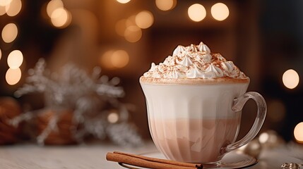 Obraz na płótnie Canvas Christmas sparkler in white glass of hot chocolate with marshmallows and cinnamon on a vintage plate