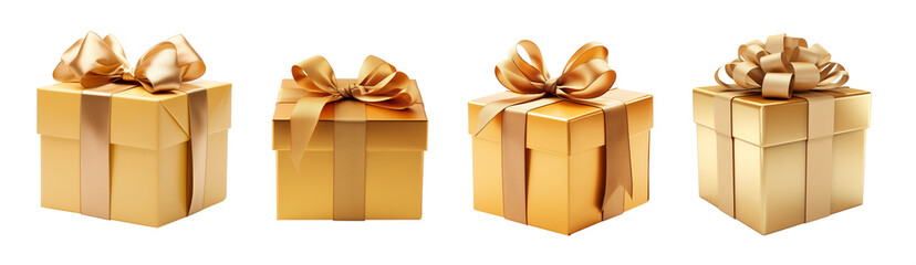 Set of Golden, Gold gift box and ribbon - Isolated Transparent PNG - Various Angles, Sizes, Models, Shapes - obrazy, fototapety, plakaty