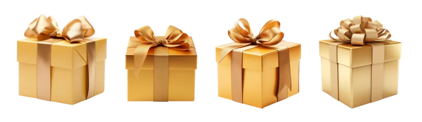 Set of Golden, Gold gift box and ribbon - Isolated Transparent PNG - Various Angles, Sizes, Models, Shapes © ana