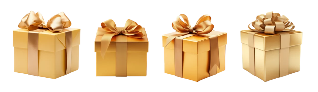 Set of Golden, Gold gift box and ribbon - Isolated Transparent PNG - Various Angles, Sizes, Models, Shapes
