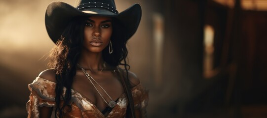 A Beautiful Badass African Cowgirl - Amazing Black Cowgirl Background - Clothes are in the Raw, Tough and Grunge Style - African Cowgirl Wallpaper created with Generative AI Technology - obrazy, fototapety, plakaty