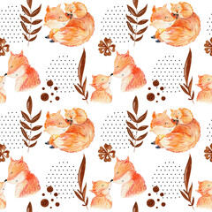 Seamless pattern. Watercolor fox mom and baby