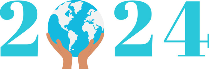 2024 medio ambiente año nuevo. mundo sostenido sobre tus manos en el nuevo año. Vector sin fondo, fondo transparente © VERNICA