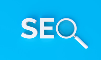 SEO search engine optimization with magnifying glass on blue background.