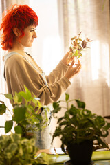 Woman with plants at home, gardening, happy woman with short red hair