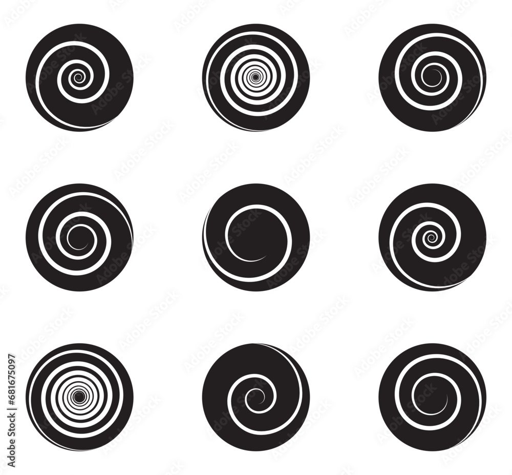 Aufkleber spiral and swirl motion twisting circles design element set. vector illustration