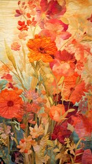 A radiant display of sunset-hued patchwork, flowers adorned with warm-toned flowers and golden threads. Vertically oriented. 