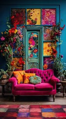 A vibrant bohemian patchwork canvas of saturated colors and patterns enhanced with bright exotic flowers. Modern interior design. Vertically oriented. 
