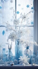 A winter-themed arrangement of cool blues and whites, embellished with crystal snowflakes and frosty foliage. Merry Christmas, happy New year card. Vertically oriented. 