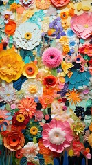 An artistic array of vibrant fabric patches, intermixed with fresh spring flowers. Magnificent background. Vertically oriented. 