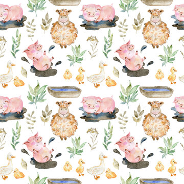 Watercolor farm seamless pattern with animals and leaves. Cute cartoon characters.