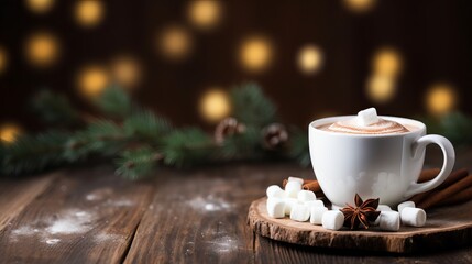 Happy background with christmas tree branches and hot chocolate with marshmallows on wooden table
