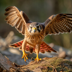Obraz premium Extraordinary illustration, Sparrowhawk on a driftwood branch, close-up, glowing shadows, rare birds in the wild.
