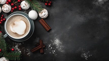 Happy christmas level lay with hot chocolate marshmallows treats and christmas tree branches