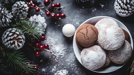 Happy christmas level lay with hot chocolate marshmallows treats and christmas tree branches