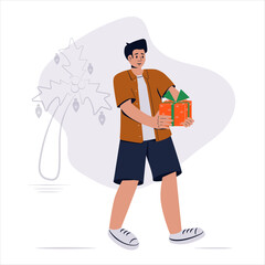 Young man with gift box. South Christmas on beach. Young adult in summer clothes with present box on the beach. Christmas concept illustration.