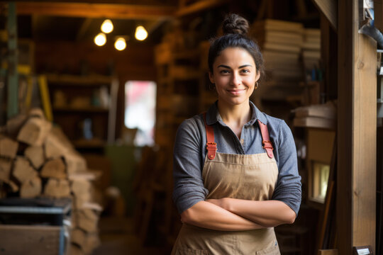 a smiling woman in a wood shop