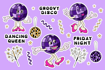 disco, mascot, party, disco ball, smile, sticker, ball, cartoon, groovy, illustration, retro, vintage, character, design, old, female, girl, vector, background, 70s, club, dance, doodle, entertainment