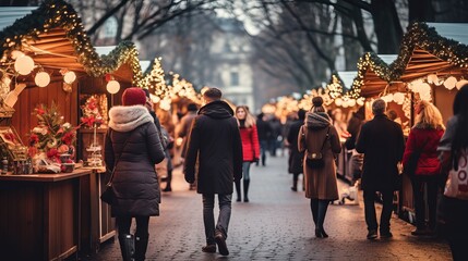 Individuals walk at the christmas advertise within the happy stylistic layout of the boulevards