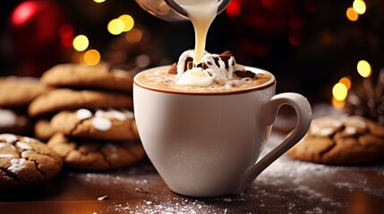 Pouring cinnamon on christmas coffee with marshmallow and treats near up