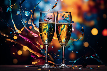 Festive Champagne Toast with Colorful Confetti Rain Celebration