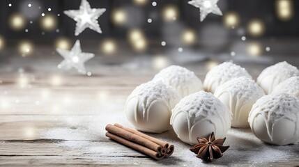 Fototapeta na wymiar Sweet dessert with white chocolate christmas or new year's composition with christmas balls snowflakes and marshmallows vintage wooden foundation