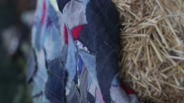 handmade plaid patchwork style denim textile selective focus