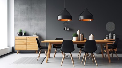Interior design inspiration of Scandinavian Minimal style home dining room loveliness decorated with Wood and Concrete material and Pendant Light .Generative AI home interior design .