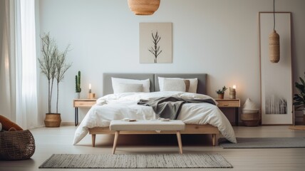 Bedroom decor, home interior design . Scandinavian Modern style with Bed decorated with Wood and Metal material . Generative AI AIG26.