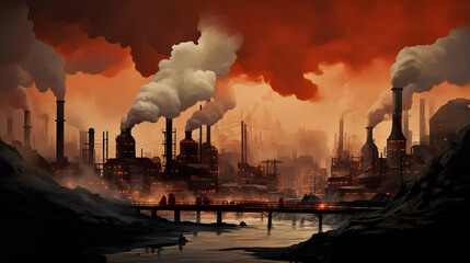 Industrial Area with Smoke Coming Out of Chimneys. Generative Ai