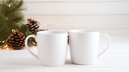 Two white mugs of hot chocolate with marshmallow and christmas tree on white wooden table. drink in a morning with new year enrichments, spruce branches. winter season