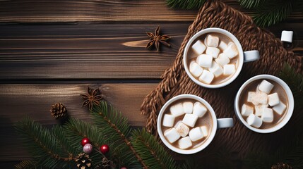 Two mugs of hot chocolate with marshmallow, gloves, christmas decor and fir tree on wooden provincial background from over. level lay fashion - obrazy, fototapety, plakaty
