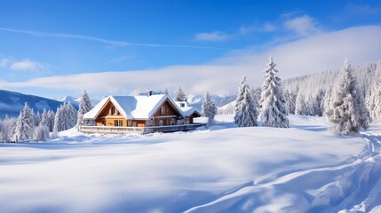 Winter excursion occasion wooden house within the mountains secured with snow and blue sky. skis before the house