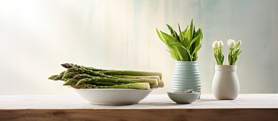 In the still life photograph, a plate of organic asparagus, white and healthy, is showcased on a white background, its nutritious spears cut out and arranged nicely in a container, epitomizing a