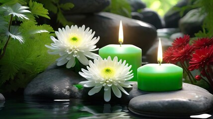 Green Candles and White and Red Flowers on Rocks in a Serene Setting