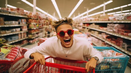 Young and funny boy in the supermarket overjoyed with a good purchase