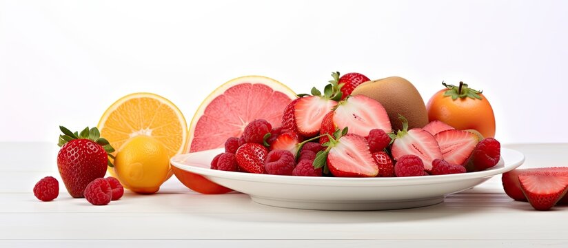 In a white, isolated room, a colorful plate of red and pink tropical fruits, including a healthy tomato, is set against a white background to promote nature, health, and a balanced diet.